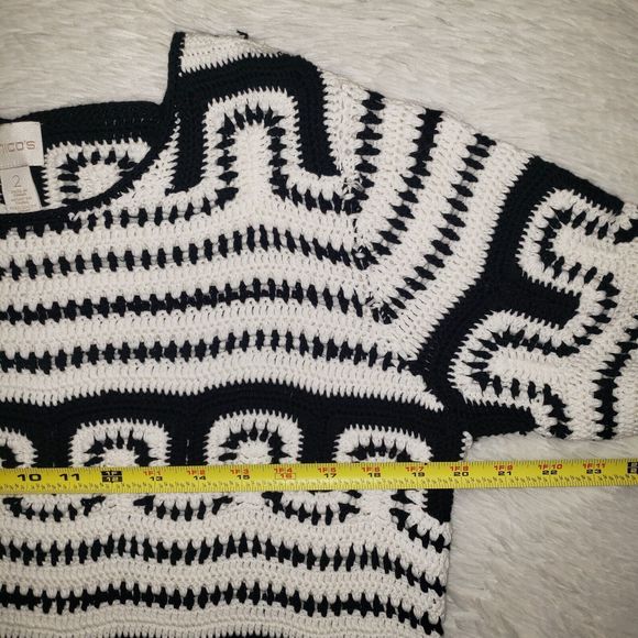 Chico's Cotton Knit Sweater Black White Crochet Sz 2 (M) Pullover 3/4 Sleeve Top - Picture 8 of 9